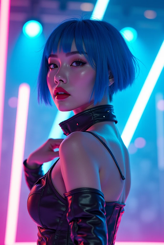 a realistic woman blue hair kpop idol from babymonster proforming illits magnetic song