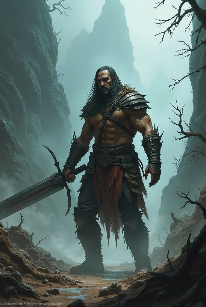 1 barbarian style dark fantasy, strong, black hair, on a hill with a giant axe, masterpiece, best quality, best shadows, dramatic lighting, gatehouse, lots of blood