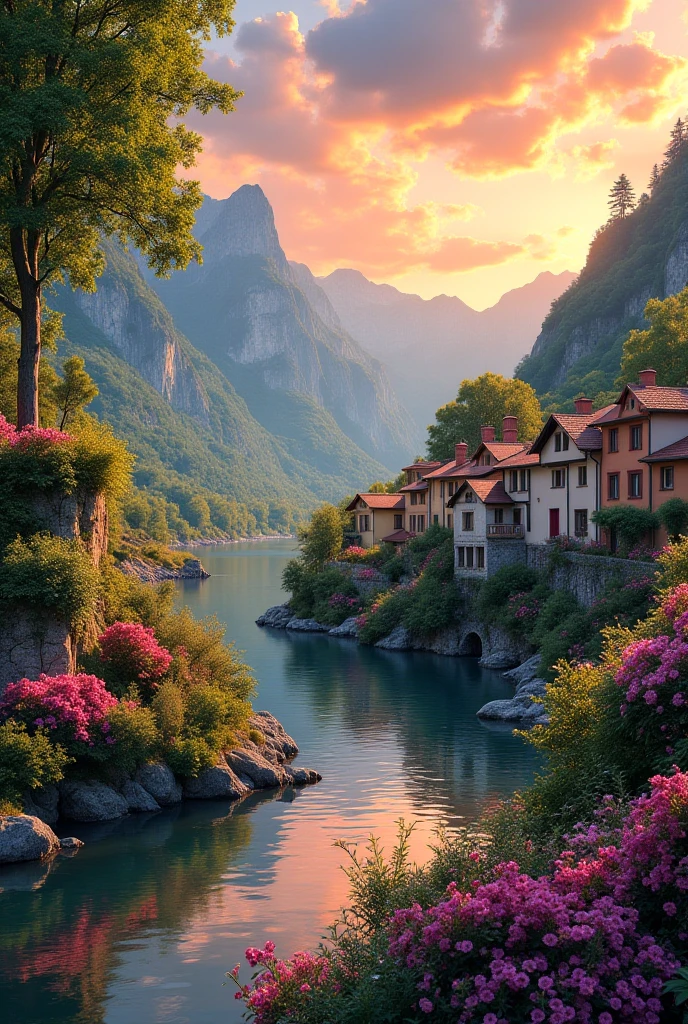 a small village by the river, mountains in the background, fleurs florales colorées,  detailed landscape , Beaux paysages naturels, atmospheric lighting, coucher de soleil brûlant, warm colors, pratique, photorealistic, Detailed foliage ,  complex buildings, Cobblestone street, Charming country house, bright swirling colors, lush vegetation,  Reflections of still water, Pittoresque, idyllique,  work of art, best quality, 8k, extremely detailed, style anime.