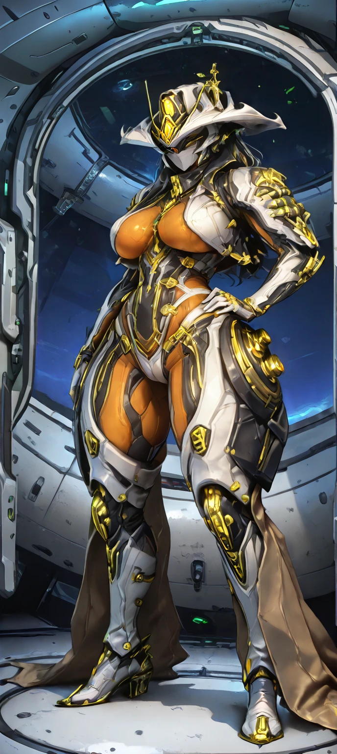 One Girl, chest, Covered face, curvy, huge chest, humanoid robot, Claw hands, Joint, No mouth, can'I can not stand it, robot, robot Joint, Shiny, Shiny skin, Simple Background, alone, thick Thighs, Thighs, White Background, Wide Hips, robot, humanoid robot, robot girl, Blushing, Sexy pose,