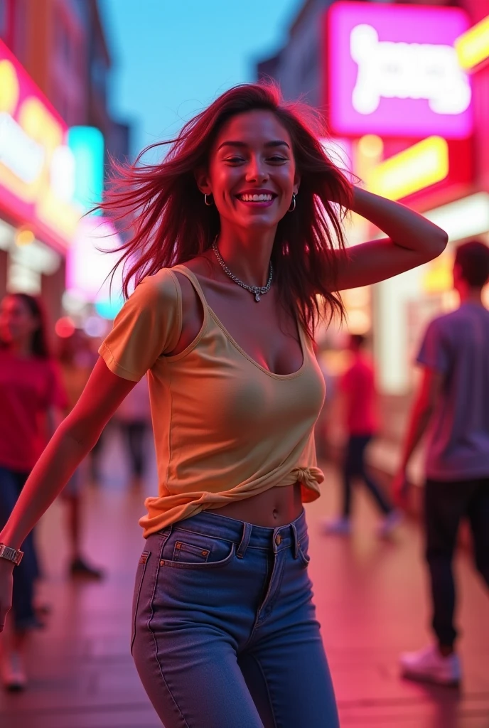 Girl age 25, Brown wavy hair, Brown eyes, Standing on a DJ Pult mixing music in a rooftop bar in new york, having a lot of fun, dances, smiling, crowd in the back