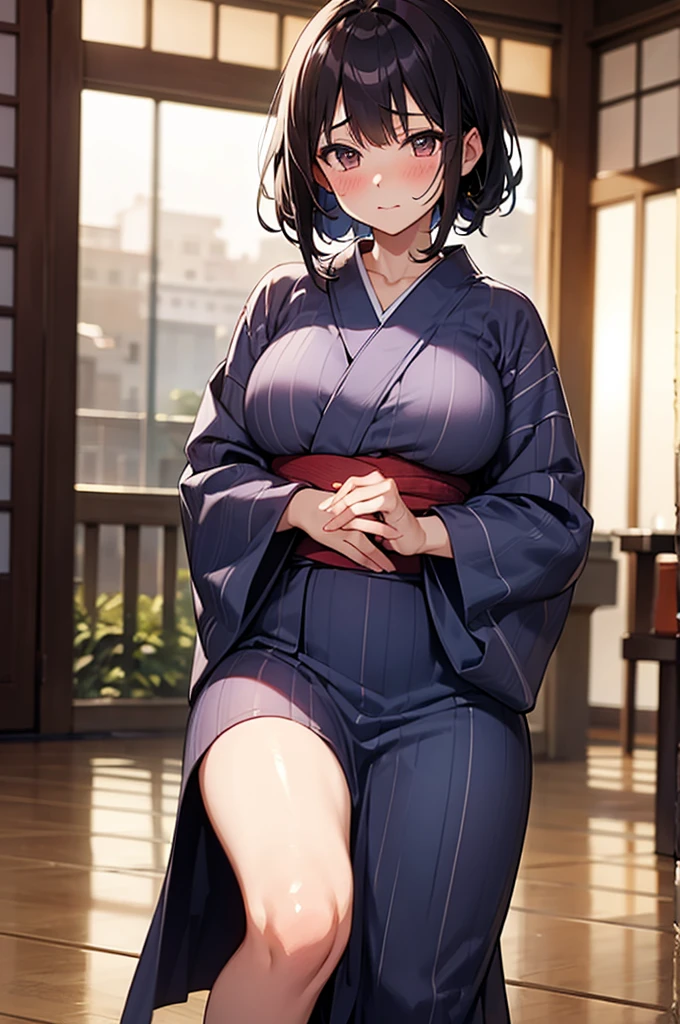 ,Open mouth,big breasts,wide hips,,,black hair,blush,,smile,,indoor,milf,from fron,sitting on chair,yukata