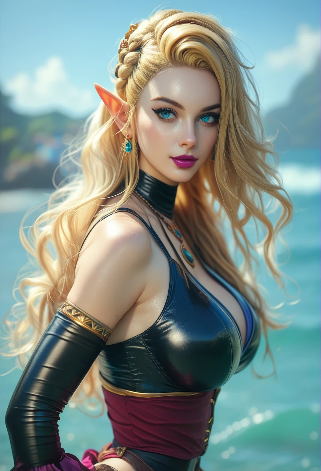 Gor Robbie gorgeous, long blonde hair, wearing red bikini on a beach, perfect detailed face, detailed green eyes with circular iris, realistic, stunning realistic photography, intricately detailed, ultra high definition, 8K, Unreal Engine 5, ultra sharp focus, highly detailed, vibrant, rendered in 8K resolution for high quality details, 8K image quality, 8K high resolution image, hyper detailed, super realistic, intricate details