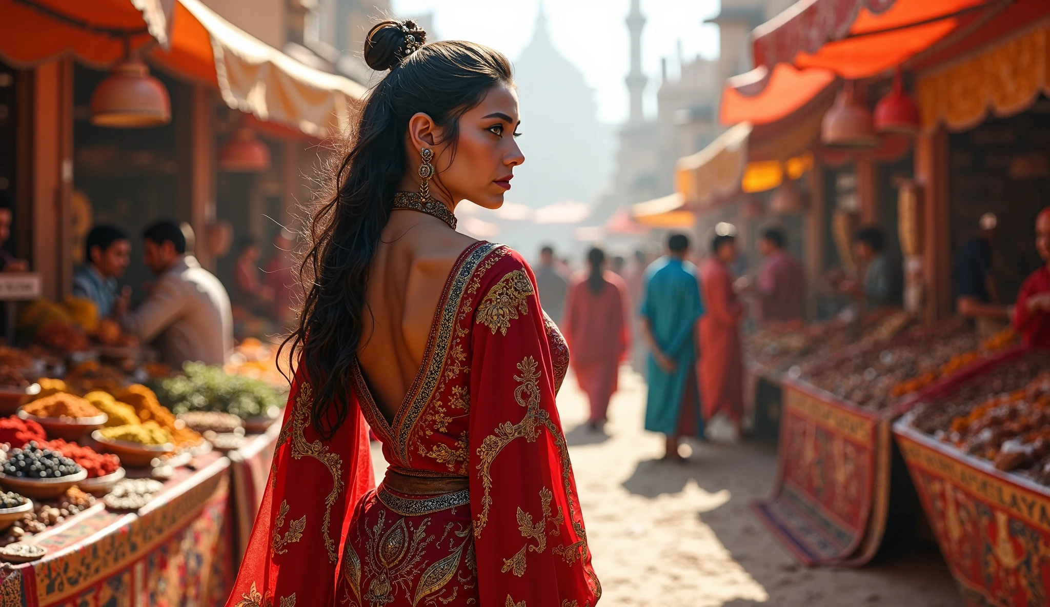 Ancient Persia Isfagan Market
Colored oriental open-air bazaar. Silk tent, spices in bags, carpets, gold jewelry. A woman with a large breast with a guard looks at the goods.