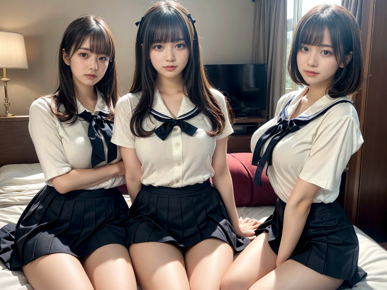 Bright room、(((Three girls in the bedroom, Each of them is having sex with her boyfriend)))、(((Face of ???????))),White long-sleeved shirt and pale pink bow tie,Checkered Pleated Micro Mini Skirt,White T-back,18-year-old,bangs,Laugh a little,Thighs,knees,Total,Bob Hair,One side of her shirt was lifted、Her beautiful breasts were exposed.、スカートが捲れて美しいTotal間が確認できる