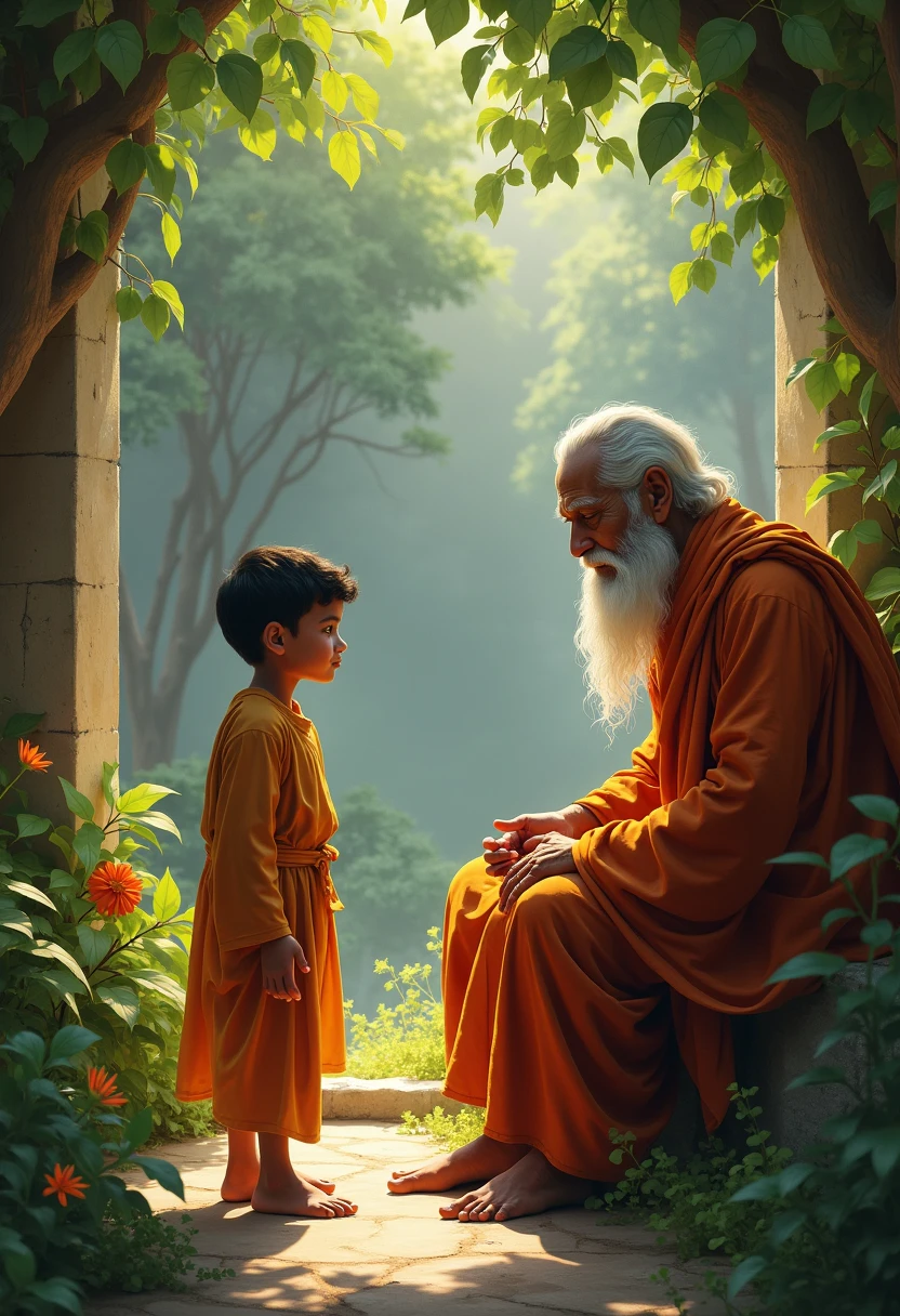 Realistic image of a young boy student talking to a wise sage in ashram