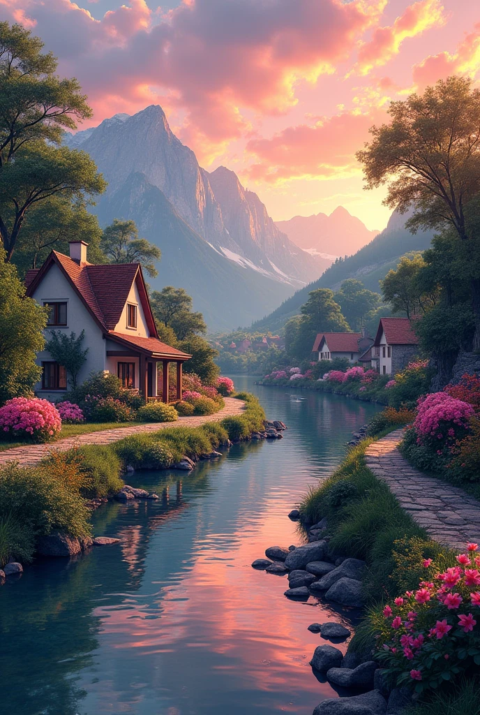 A small village by the river, color of the mountain in the background, colorful flower flowers, detailed landscape, beautiful natural scenery, atmospheric lighting, scorching sunset, warm colors, Practical, фотоPractical, detailed foliage, complex buildings, paved street, charming country house, swirl bright colors, lush vegetation, reflections on water, picturesque, idyllic, artwork, the best quality, 8k, very detailed,  anime stylization 