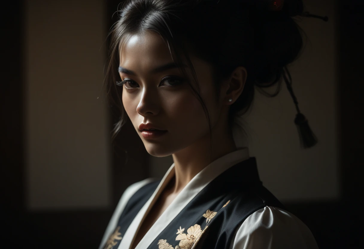 HEROINE IN SEXY SHORT UNIFORM REVEALING HER BEAUTIFUL ORIENTAL BODY - SAMURAI-STYLE HAIR