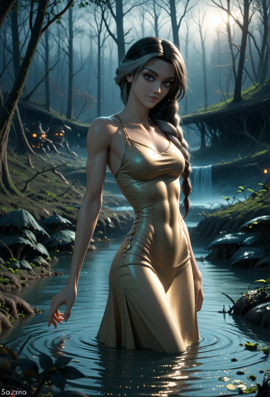(1 menina, sozinho, sozinho), (mortal kombat 11:  Consequences ,  elegant and flawless face , ,  gray hair,  Side hair , long hair tied back, long hair combed back, multicolored hair, stately expression, air of superiority, glamoroso , arrogante), ((sozinho, (1 mulher, batom rosa,  black eyes), extremely detailed, SOFT AMBIENT LIGHTING, 4k, perfect eyes, a perfect face, perfect lighting, The 1 girl )), ((fitness,, slender body,  athletic body , toned body)), ((black dress, linen dress, swamp, mist, mist,  in the water, swamp witch, gold dress, gold ornaments, joias finas, trees, alvorecer, coxas, videira, escuro))
