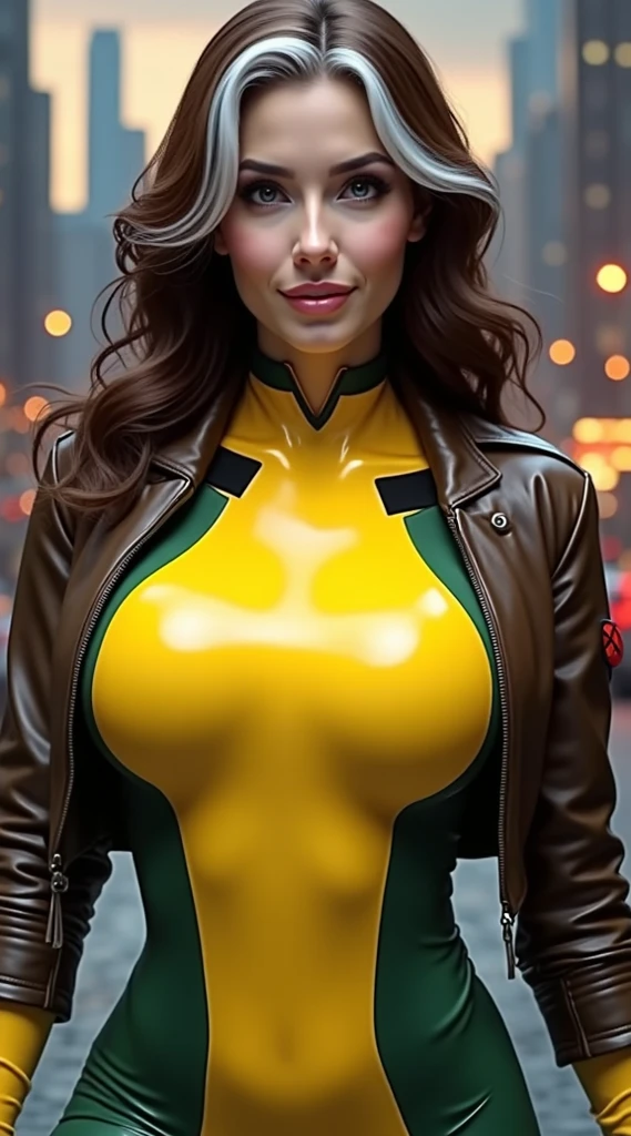 (masterpiece, face, high resolution, realistic photo, photography), beautiful woman, full face photo,  with light eyes , beautiful , beautiful and detailed face,  cute smile , beautiful  , Angelic look, beautiful legs, large detail of her body and face in a sensual and  pose. Great detail of the background and surroundings. Beautiful girl with very , red lips, long loose hair, sensual. A beautiful woman in a tight suit cosplaying Rogue from the X-Men from the Marvel comics. Her yellow and green latex suit with black details shines with realistic reflections.  She wears a belt with the X-Men symbol on the buckle. She wears a brown metallic leather jacket with buttons and a red patch with the X-Men symbol in the sleeve.  her hair is long , wavy brown with a white tuft on the front. Her face is beautiful, with subtle makeup , pink lips and expressive eyes. She wears yellow gloves. The background shows a modern city with tall buildings and urban lights, giving an atmosphere of night or sunset. the lighting is soft and realistic, highlighting the details of the suit and the texture of the jacket.