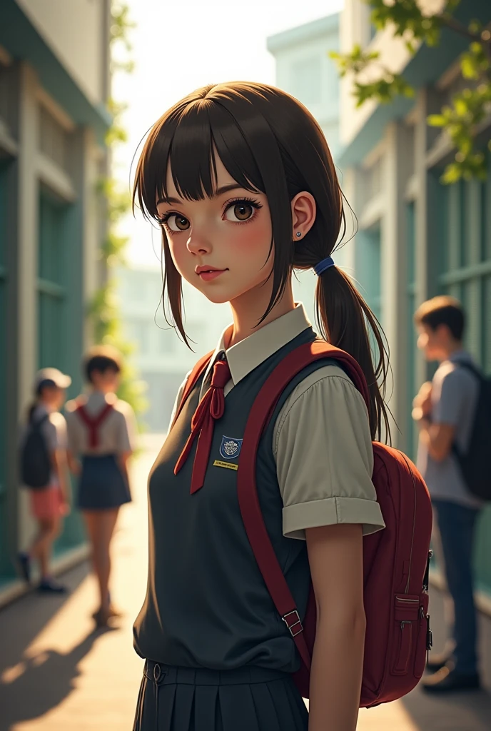 A girl is standing with big  at school and the inscription Varvara