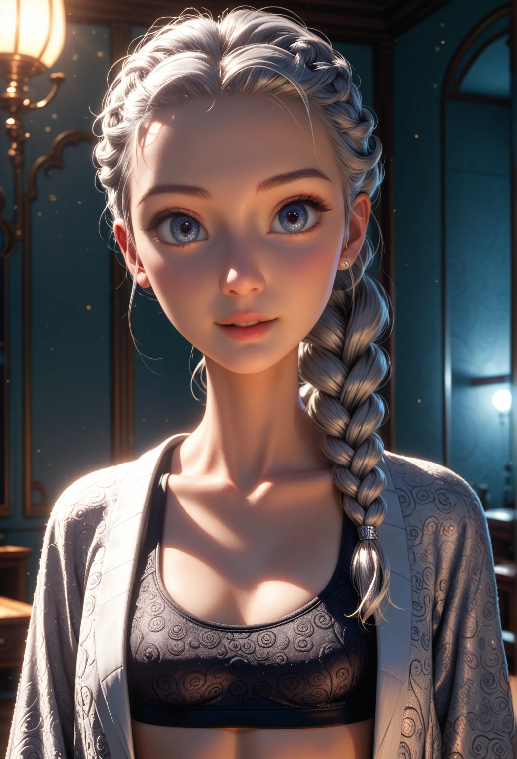 (Best Quality, obra-prima:1.2), ultra high resolution, realista, Front lighting, intricate detail, exquisite details and textures, 1 menina, Sozinho ,(jovem),  highlight, upper body sports , detailed face, teardrop pint, branco skin,  silver hair, ponytail, braided hair, looking at the viewer, big eyes, seda robe, (hollow pattern, branco, seda), brincos, small breasts, corpo magro, luxury room, professional lighting, photon mapping, radiosidade, physics-based rendering,