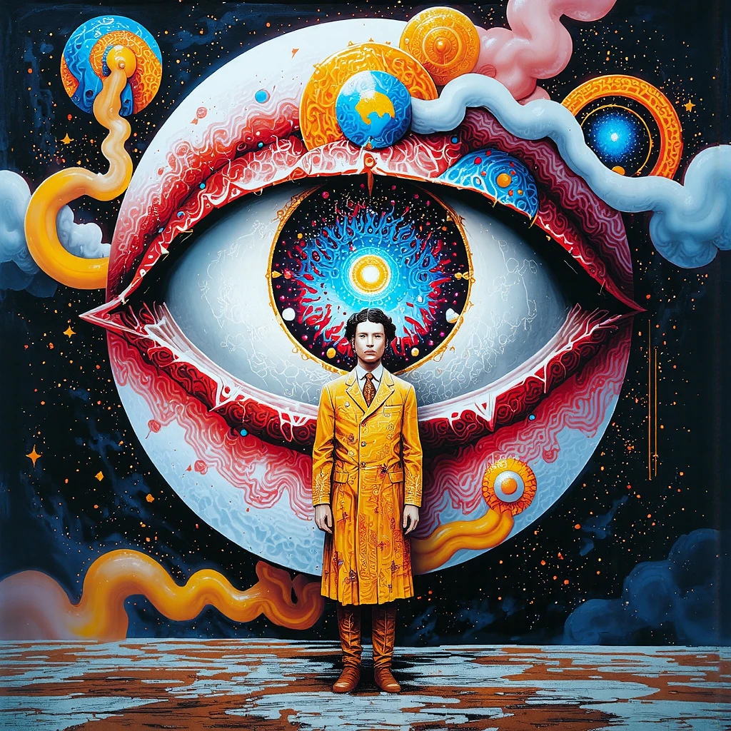 There is a painting,There is a blue eye in the painting,There are many eyes on it, Justin Gerard's Surrealism, Winner of the Behance competition, Psychedelic Art, Psychedelic illustration, Juster Battle, beeple 和 james jean, Psychedelic surrealist art, Beeple 和 Jeremiah Ketner, Pop surreal art style, Android Jones's Works, Greg Beeple, retro Psychedelic illustration