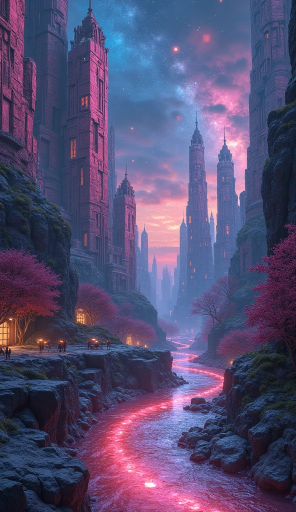 An otherworldly city where the entire space is dyed in a bismuth color。all buildings are made of bismuth crystals、twist、 piled up 、that draws a spiral and extends to the sky。rainbow-colored light constantly changes on the surface of the metal、It shows a brilliance that makes you breathe as if you were alive。rainbow-colored rivers that rumble like liquid flow on the ground、crystallized light spheres float in place of stars in the night sky、emits light like a melody。It's like the whole world is trapped in a dream Wow、A space of fantasy and silence that transcends reality。