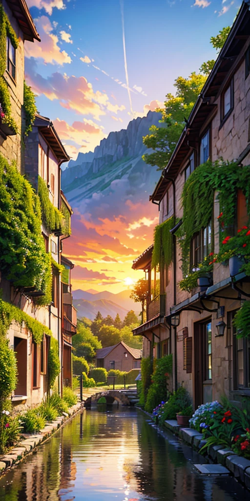 a small village by the river, mountains in the background, floral flowers colorful, detailed landscape, Beautiful natural landscapes, atmospheric lighting, scorching sunset, warm colours, practical, photopractical, Detailed Foliage, complex buildings, cobblestone street, Charming country house, swirly vibrant colors, lush vegetation, Still water reflections, Picturesque, idyllic, work of art, best qualityer, 8k, extremely detaild,anime styling