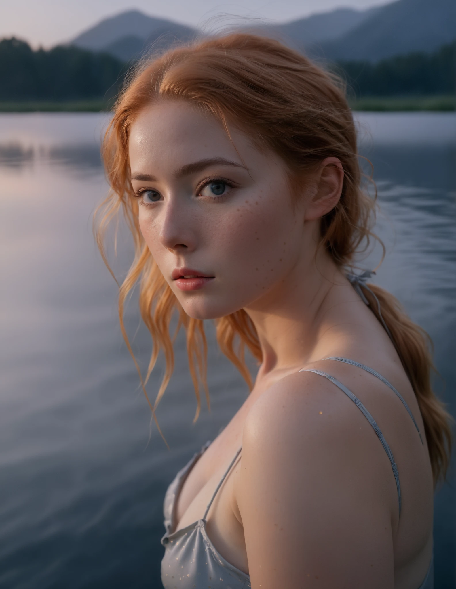 RAW photo, (caught night swimming), cute (unaware:1.5) girl, out in a calm lake, voyeurism, (realistic skin texture:0.99), 8k uhd, amazing level of detail, masterpiece, (by moonlight:0.9), Strawberry-Blonde hair, (mist rising in the background, hazy:1.3), (??????:0.3), (?????????????:0.3), in the dark, shadowy, vulnerable, ?????????????:1.1, night time, . 4k, highly detailed. skin imperfections, freckles, detailed skin texture, natural skin texture, detailed cloth texture, beautiful detailed perfect face, perfect face, (high quality, best quality:1.3), Extremely high-resolution, photographic, lifelike, 8k, photo-realistic, amateur photo, UHD, cinestill 800 tungsten , cinematic photography by person, Fujifilm Superia Premium 400, Nikon D850 film stock photograph Kodak Portra 400 camera f1.6 lens, 