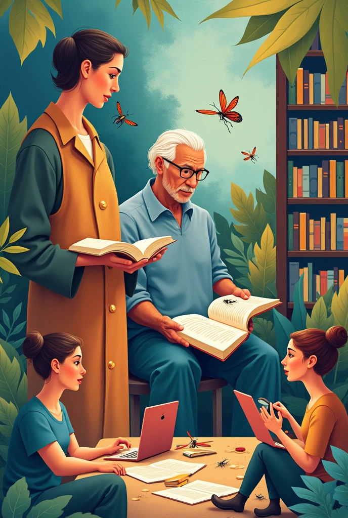 A conceptual representation of the act of research in its broadest form: a visual composition that brings together different forms of human inquiry—a curious  observing insects with a magnifying glass, an elderly person leafing through an old book, an artist experimenting with colors on a canvas, a group in a conversation circle discussing ideas, and someone using a laptop in a modern library. The image should convey the diversity of contexts of research: empirical, intuitive, artistic, oral, and digital. The color palette should be welcoming and inspiring, with soft lighting that highlights the curious faces of the characters. The setting could be a hybrid space that mixes nature, books, art, and technology, symbolizing the multiple paths of the search for knowledge.