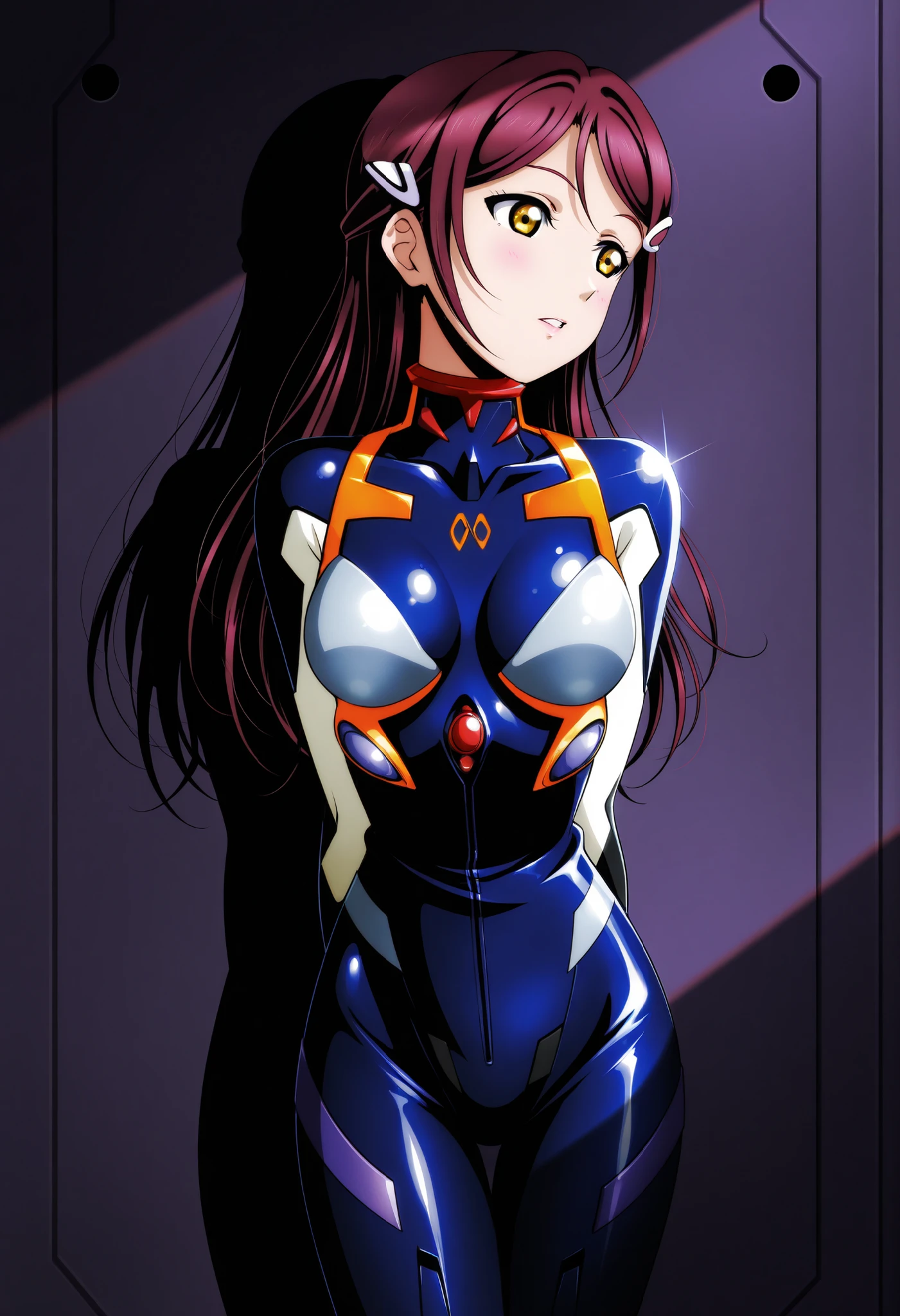 retro-futuristic, Showa-era anime-style sexy female pilot. The character should be inspired by works like Kiyoshi Kurosawa, Neon Genesis Evangelion, and Electronic Lover. Incorporate elements of double exposure, complex art, and a teeange Asian girl. The style should be anime-like, with perfect symmetry. The overall design should be anime-beautiful, with epic, intricate details. The design should blend classic Showa-era anime style with high-tech details, showcasing her dynamic and expressive poses in a body tight, chrome metallic pilot suit. She should have black hair, small breasts, a youthful, sexy appearance with a vibrant and slightly flirtatious demeanor. The background should be pure white. High resolution, ultra-detailed, cinematic lighting, anime style, no background.