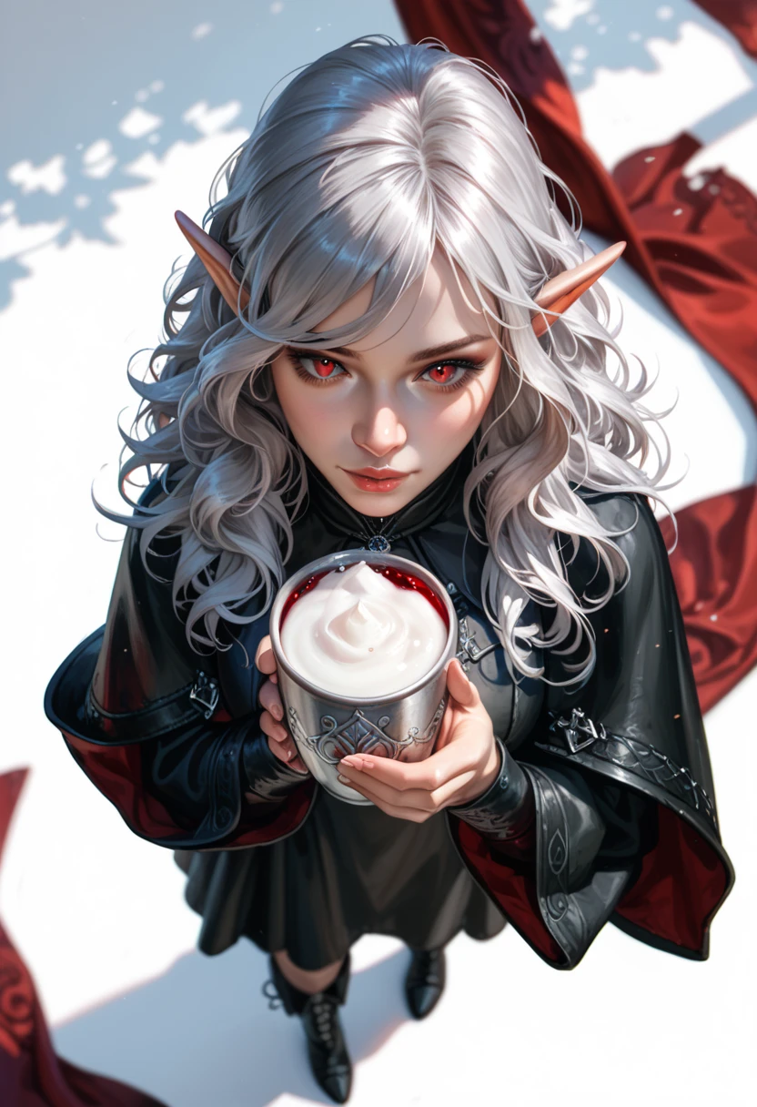 top view, top view, from above, full view of the character, full view of the character, realistic, rpg, dnd token, fantasy, a female elf (pale skin) (long black loose hair) (red eyes), wearing a black medieval noble hooded coat (black) and a  black slit dress and black high boots, holding a silver cup with red water, standing, character looking down, top view, top view, from above, from above, full view of the character, full view of the character, (white background)