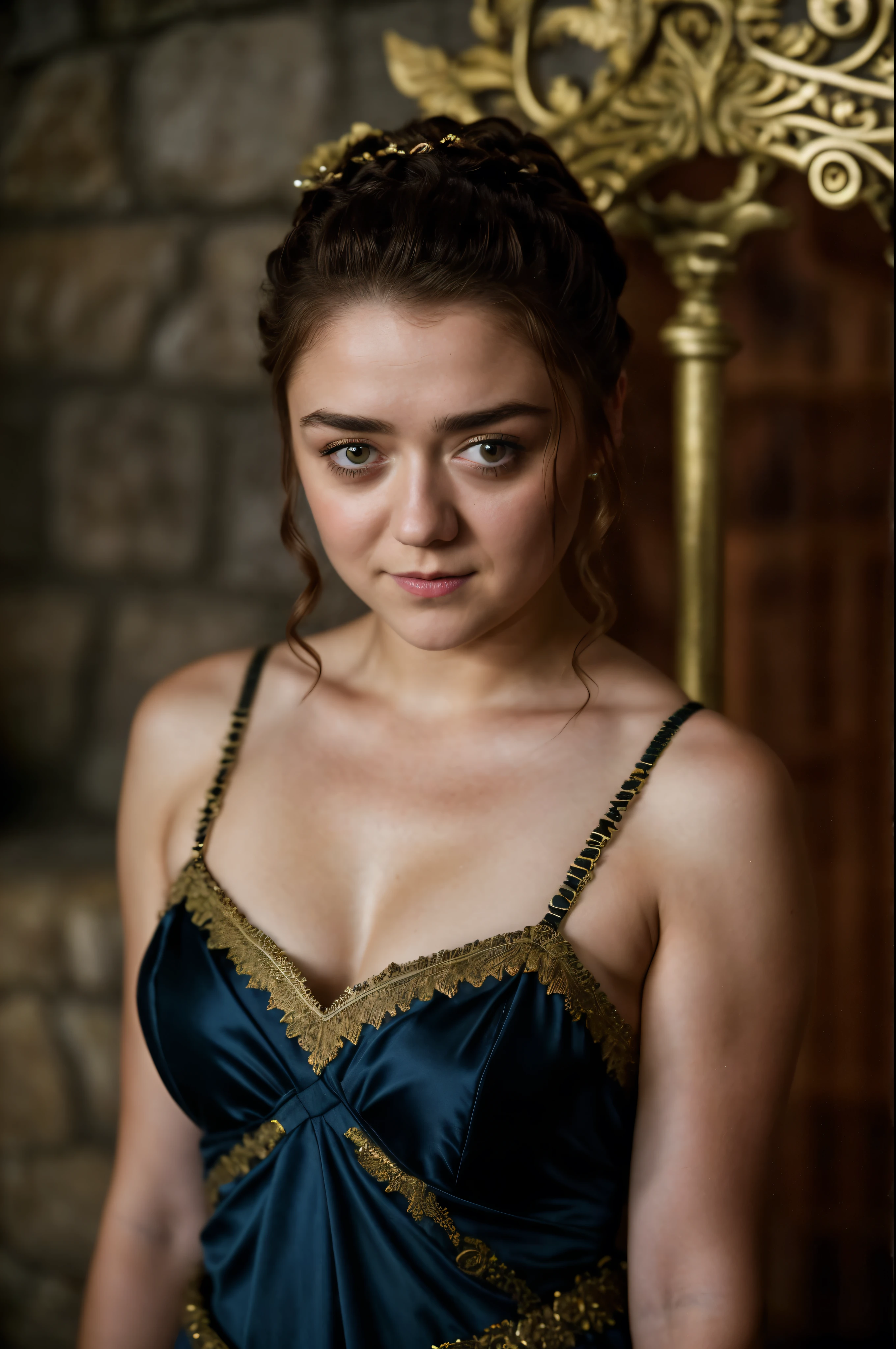 Foto RAW, Arya Stark, Stunning Beauty, Ravishing, Enchantress, Extremely gorgeous lady, Arya Stark PLAYED BY MAISIE WILLIAMS, Queen Arya Stark, she  a mature woman now, milf, sexy mediaeval battle dress, gladiator woman, body, 40 years old Woman, Roman slave dress, cotton dress, busty mediaeval costumes, body revealing costumes, perky breast, big natural breast, erotic costumes, lusty physique, seductive figure can capture every people's attention, Game of thrones costumes, revealing captivating figure, Mediaeval costumes, revealing clothes, A tomboy, she would rather fence than dance, warrior queen , game of thrones screen caps, Game of Thrones Series, (pele altamente detalhada: 1.2), 8k UHD, DSLR, soft-lighting, alta qualidade, grain of film, Fujifilm XT3, flawless picture, highly detailed, detailed Beauty, intricate, 32k, sharp picture,