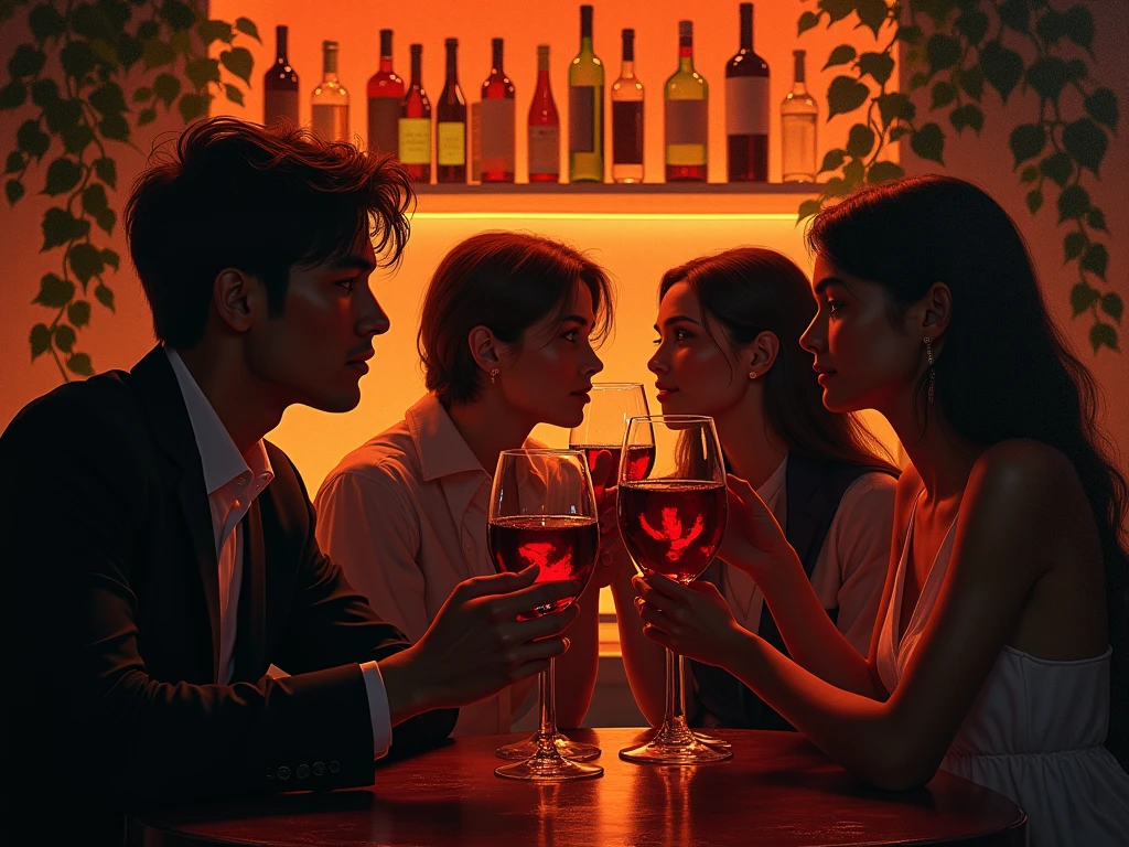 Chiaro-dark style painting, with glasses of wine,  bottles of wine ,  Plants, orange neon lights and a bar in the background