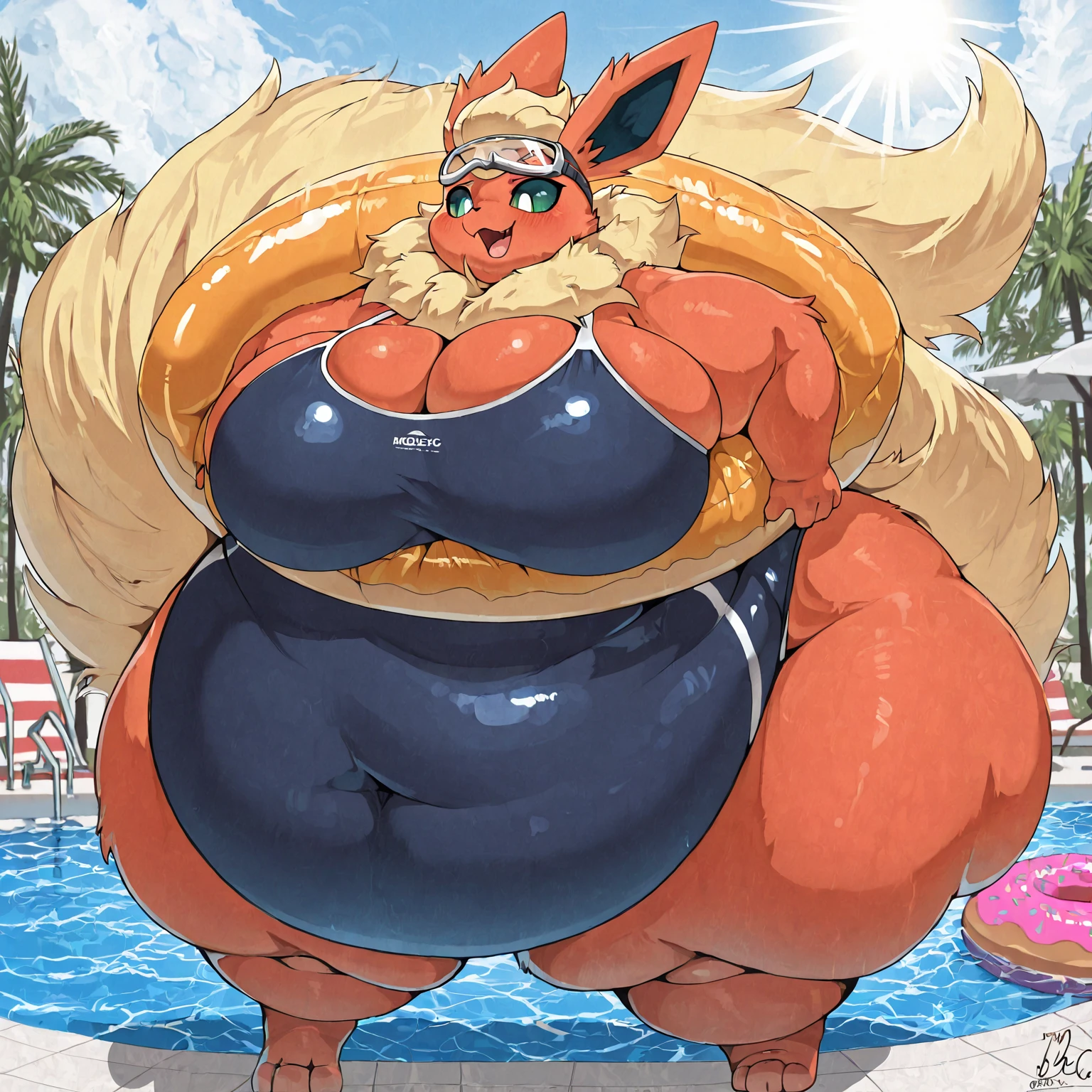 Masterpiece, hi res, beautiful lighting, wide hips,((massive))thighs,((massive)) ass,((femboy)), beach background, dog collar, looking at viewer seductively, genitalia bulge, by ASaneMan, full body, standing, muscular, massive pecs, male, orange bikini,((brown fur)),((brown eyes)), androgynous , front view, hands on hips