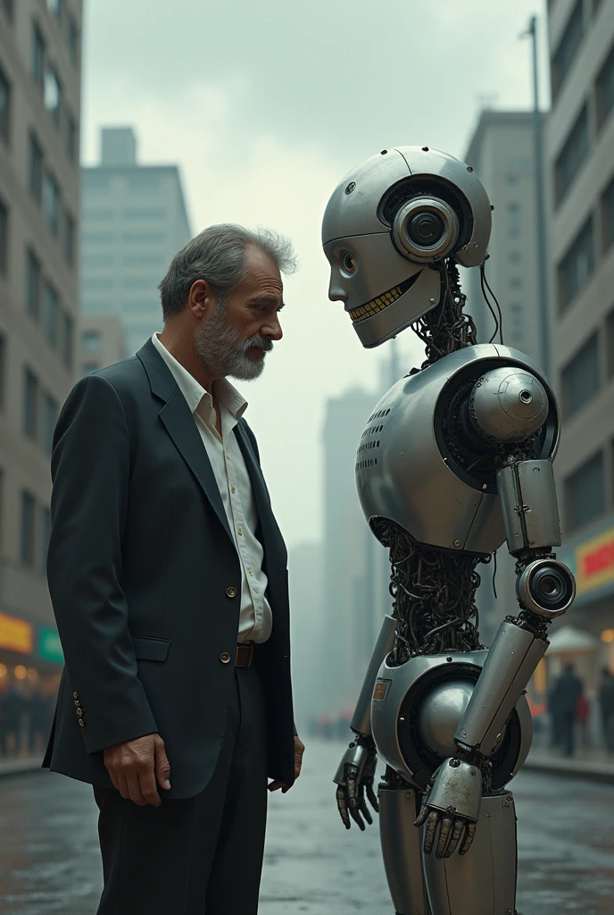 Robot man, Written "IOI" on the arm com aparência de um homem, and a female robot, Written "IOI" on the arm, and an elderly man in a wheelchair, with the appearance of a woman, all 3 waving at the camera