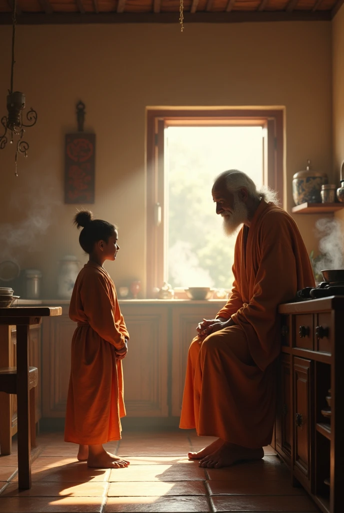 Realistic image of a young boy student talking to a wise sage in a kitchen in ashram