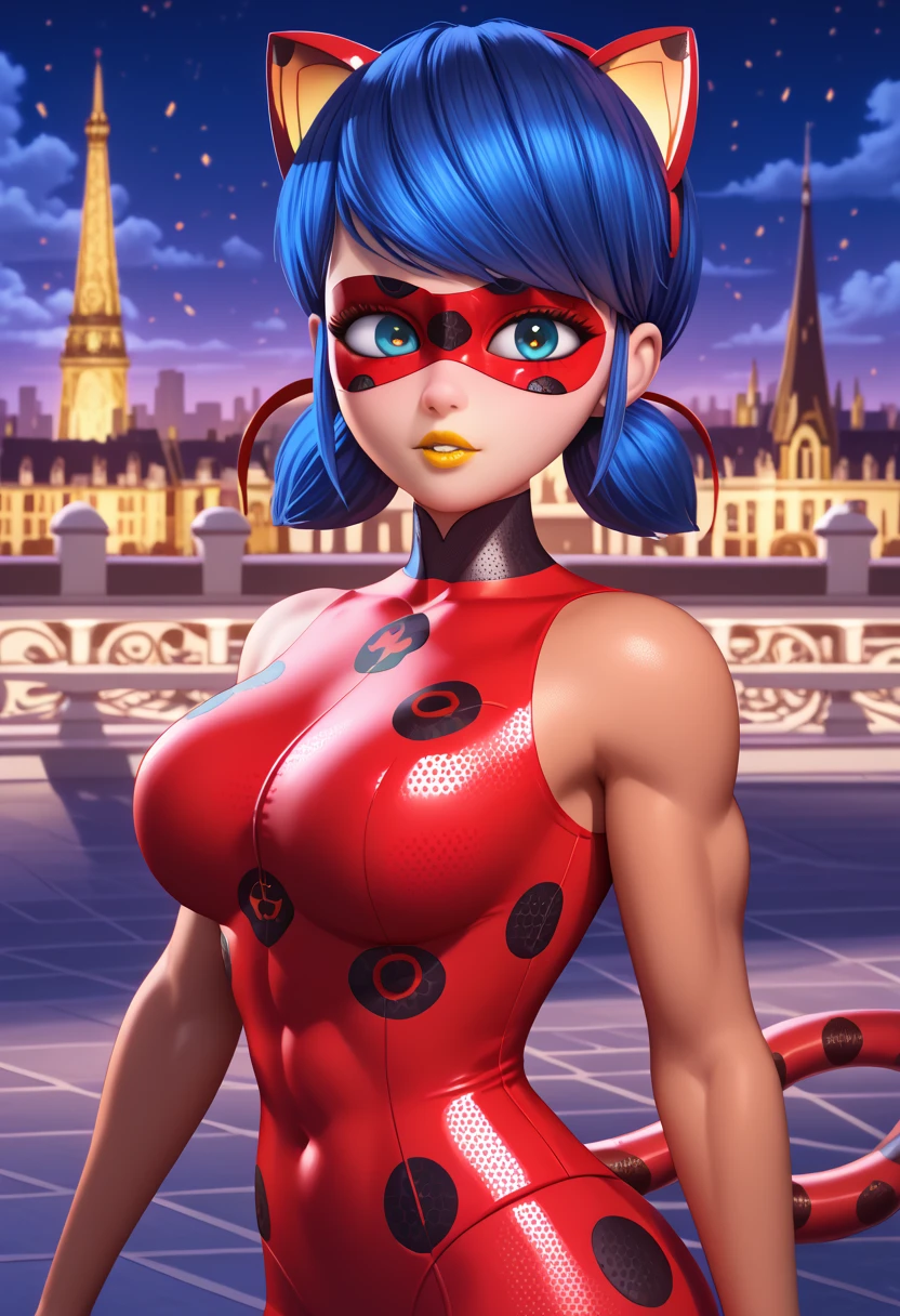 (big muscular female bodybuilder, beautiful detailed eyes, beautiful detailed lips:1.1,strong physique, two short pigtails,from brhind,big ass,(a bright red mask with five black spots that are in a symmetrical design around her eyes, a luminous vivid red superhero jumpsuit with a black turtleneck collar and black spotuscle,(muscle are visible in clothes)), lifting weight, muscular arms and legs:1.2, toned abs, powerful expression,sweating:1.1, roof background:0.9, intense focus:1.1, vibrant colors, dramatic lighting),rippling muscles,sturdy frame,dark tan,fit around the waist,tight abs,strong arms and shoulders,intense expression,determined look,well-defined muscles and veins,straining muscles,artistic pose,steely gaze,side lighting,powerful presence,vivid colors,dynamic composition,studio lighting,physically-based rendering,athletic build,bodybuilding silhouette,professional,gritty texture,bokeh.