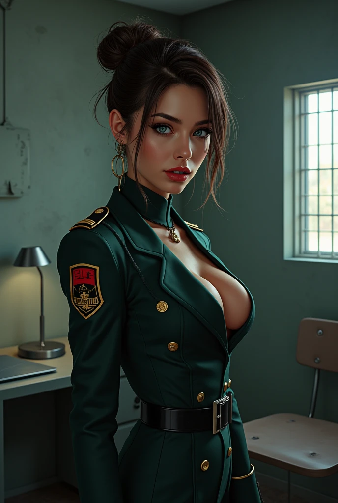 (Photorealism:1.2), sexy woman soldier, She is wearing a military uniform with a short skirt.. I'm sitting in an office with lots of computers and monitors and working..