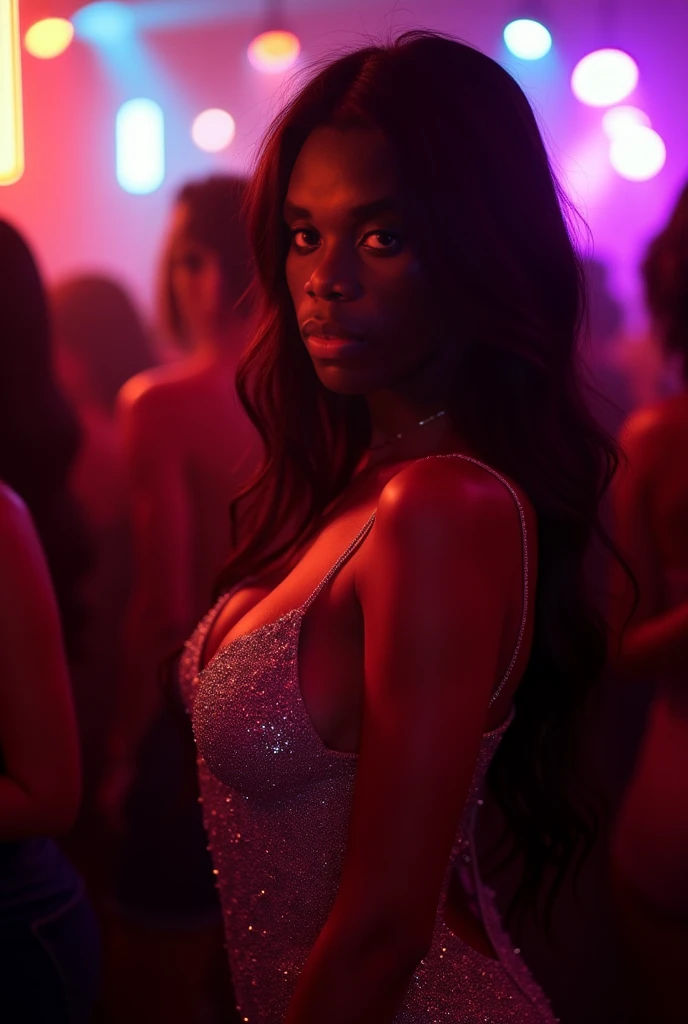 A Dark skin african stunning 23-year-old woman with long, flowing hair and an elegant dress, surrounded by a crowd of admirers in a dimly lit bar. Her beauty is striking, and she exudes a magnetic charm, though her expression hints at a deeper longing. The scene captures the admiration of those around her, creating an atmosphere of both allure and subtle melancholy.”