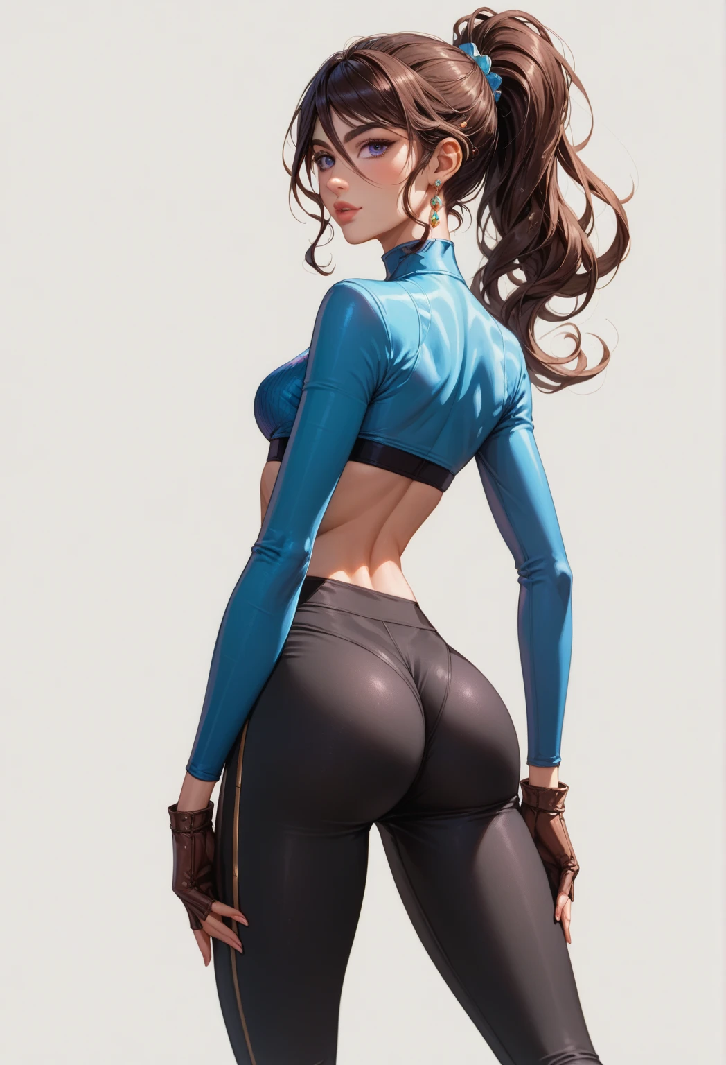 (masterpiece), (best quality), same girl posing in 2 different poses, long wavy brown hair, green eyes, wearing a cyber white suit with leather details, medium boobs, dramatical pose, slim body, (transparent background), ass first view, (touching the ass), (charming), (full body pose)