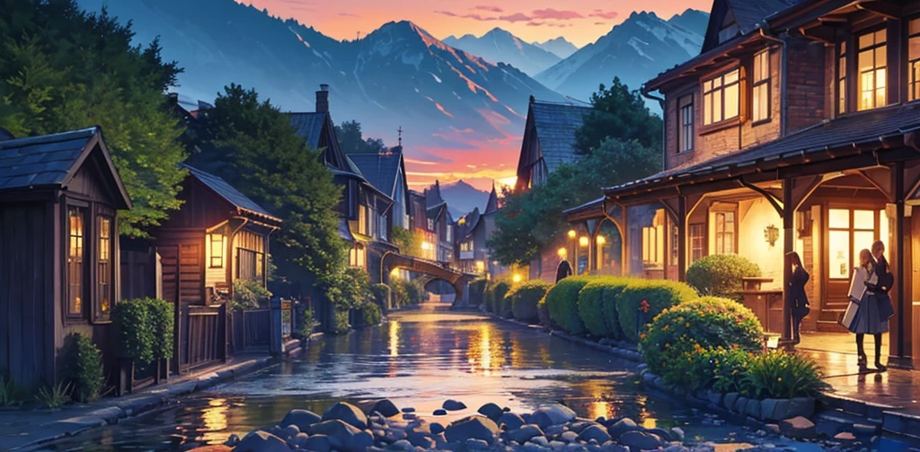 a small village by the river, mountains in the background, floral flowers colorful, detailed landscape, Beautiful natural landscapes, atmospheric lighting, scorching sunset, warm colours, practical, photopractical, Detailed Foliage, complex buildings, cobblestone street, Charming country house, swirly vibrant colors, lush vegetation, Still water reflections, Picturesque, idyllic, work of art, best qualityer, 8k, extremely detaild,anime styling