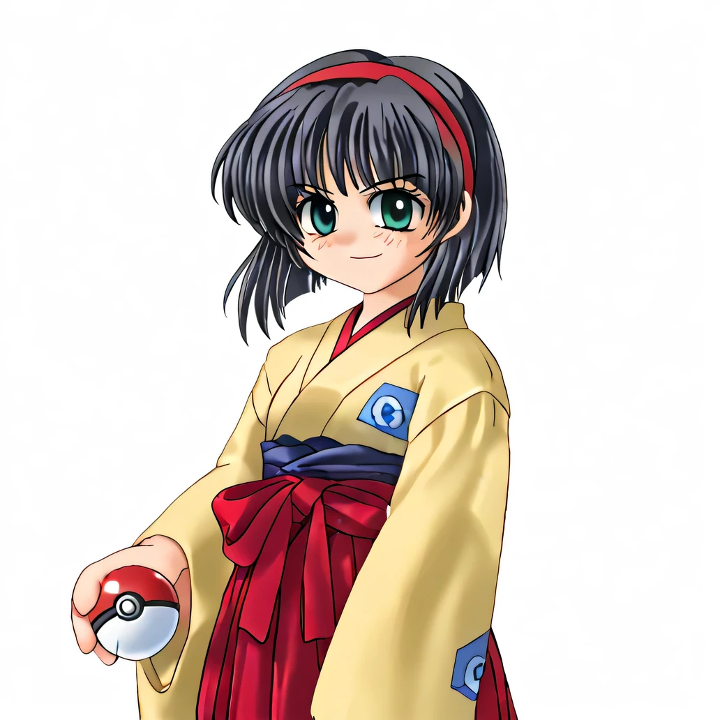 Erika_(pokemon), 1girl, solo, bob_cut, short_hair, black_hair, blunt_bangs, blunt_ends, hairband, red_hairband, grey_eyes, eyelashes, kimono, yellow_kimono, hakama, red_hakama, hakama_skirt, poke_ball_print, poke_ball, holding, holding_poke_ball, brown_boots, boots, determined, smile, full_body, beautiful_detailed_eyes, portrait, masterpiece, best_quality, intricate_details, absurdres