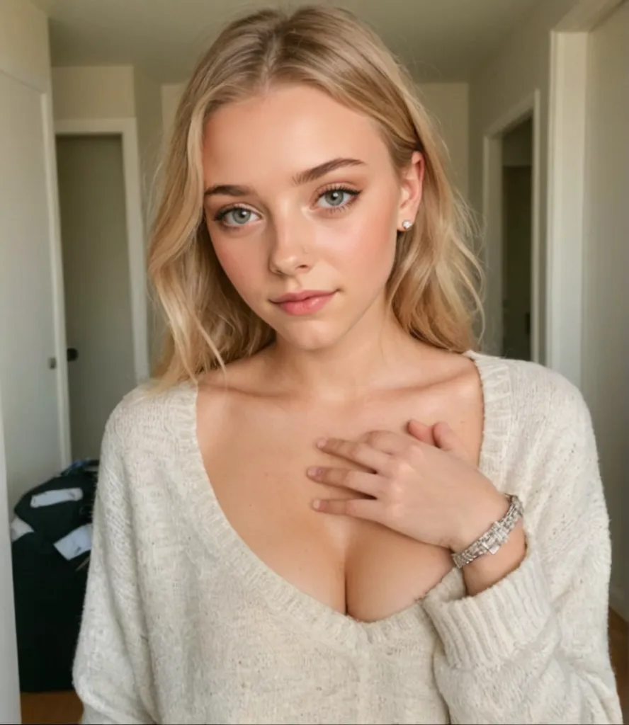 Photo realistic blonde girl wearing tight white v neck knit sweater