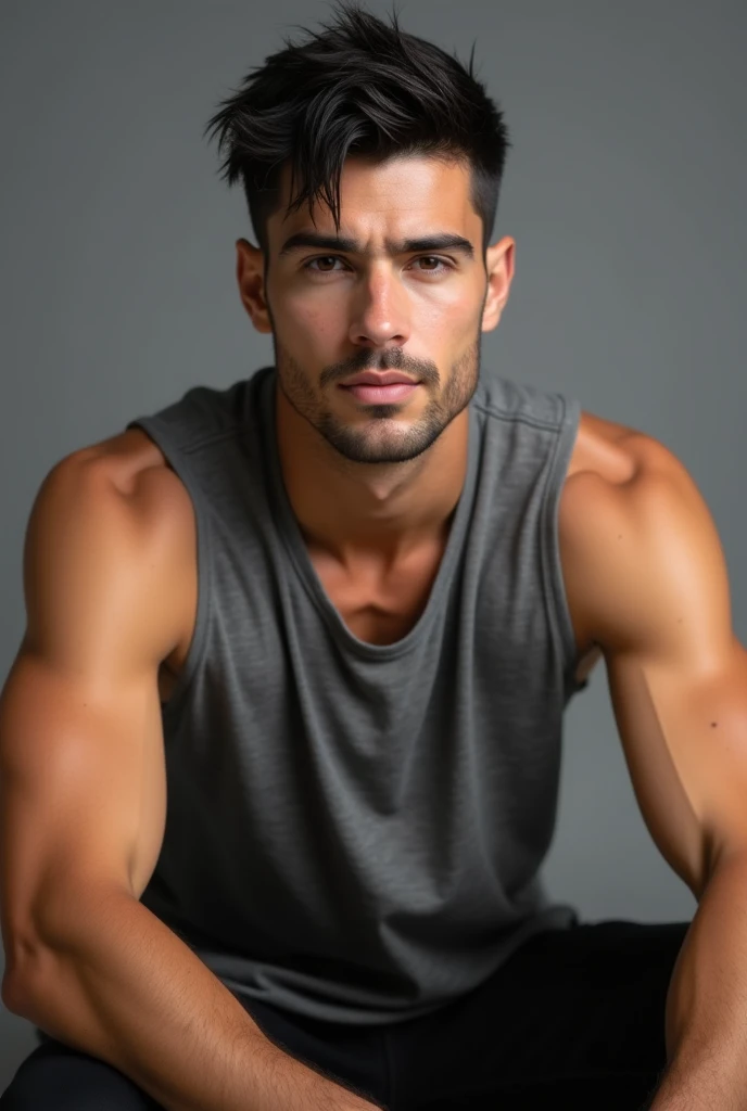 a young man, lean muscular physique, sitting in a studio room, looking in the cameral