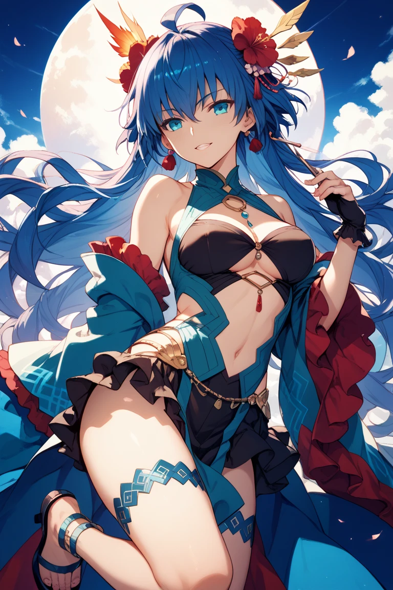 ((mejor calidad)), ((Obra maestra)), (detallado), cara perfecta(best quality), (Masterpiece), ((beautiful:0.75) PRETTY GIRL:0.75), [Clear and clean] pixiv (ILLUSTRATION), (roxy migurdia), blue eyes, blue hair, bangs, brown cape, hat witch, braid, armpits, flat chest, skinny
