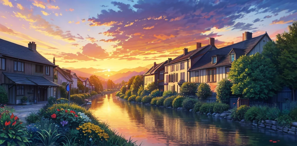 a small village by the river, mountains in the background, floral flowers colorful, detailed landscape, Beautiful natural landscapes, atmospheric lighting, scorching sunset, warm colours, practical, photopractical, Detailed Foliage, complex buildings, cobblestone street, Charming country house, swirly vibrant colors, lush vegetation, Still water reflections, Picturesque, idyllic, work of art, best qualityer, 8k, extremely detaild,anime styling