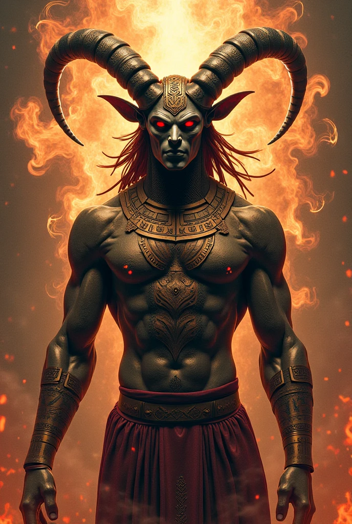 Fierce demonic form of lord Ravana from the Mahabharata, cinematic photoshoot ultra high definition 16k, realistic digital art masterpiece captured on Canon EOS R5 mirrorless camera. Sharp focus and intricate details reveal Ravana's menacing features: horns, sharp fangs, and piercing red eyes. Flames emanate from every angle, casting intense shadows against the backdrop of a mystical forest. His fierce expression and muscular physique exude raw power. The usage of dramatic side lighting adds depth and texture to his formidable figure. The intricate details of his tattoos, wrinkles on his face, and the veins on