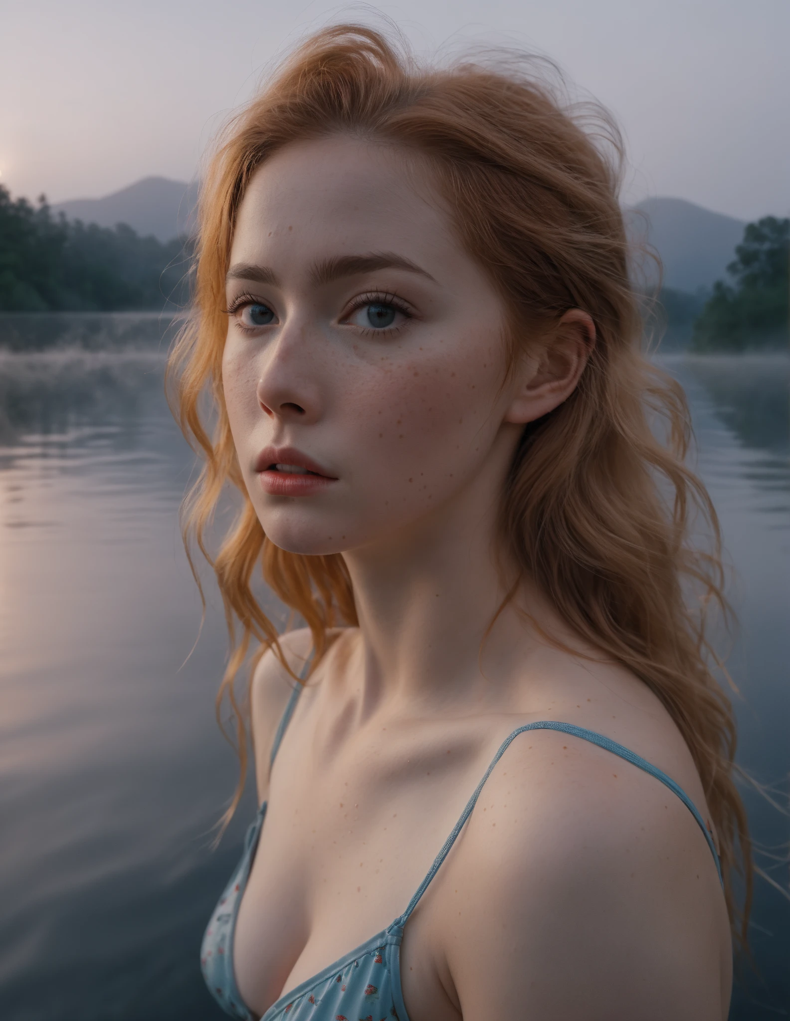 RAW photo, (caught night swimming), cute (unaware:1.5) girl, out in a calm lake, voyeurism, (realistic skin texture:0.99), 8k uhd, amazing level of detail, masterpiece, (by moonlight:0.9), Strawberry-Blonde hair, (mist rising in the background, hazy:1.3), (??????:0.3), (?????????????:0.3), in the dark, shadowy, vulnerable, ?????????????:1.1, night time, . 4k, highly detailed. skin imperfections, freckles, detailed skin texture, natural skin texture, detailed cloth texture, beautiful detailed perfect face, perfect face, (high quality, best quality:1.3), Extremely high-resolution, photographic, lifelike, 8k, photo-realistic, amateur photo, UHD, cinestill 800 tungsten , cinematic photography by person, Fujifilm Superia Premium 400, Nikon D850 film stock photograph Kodak Portra 400 camera f1.6 lens, 