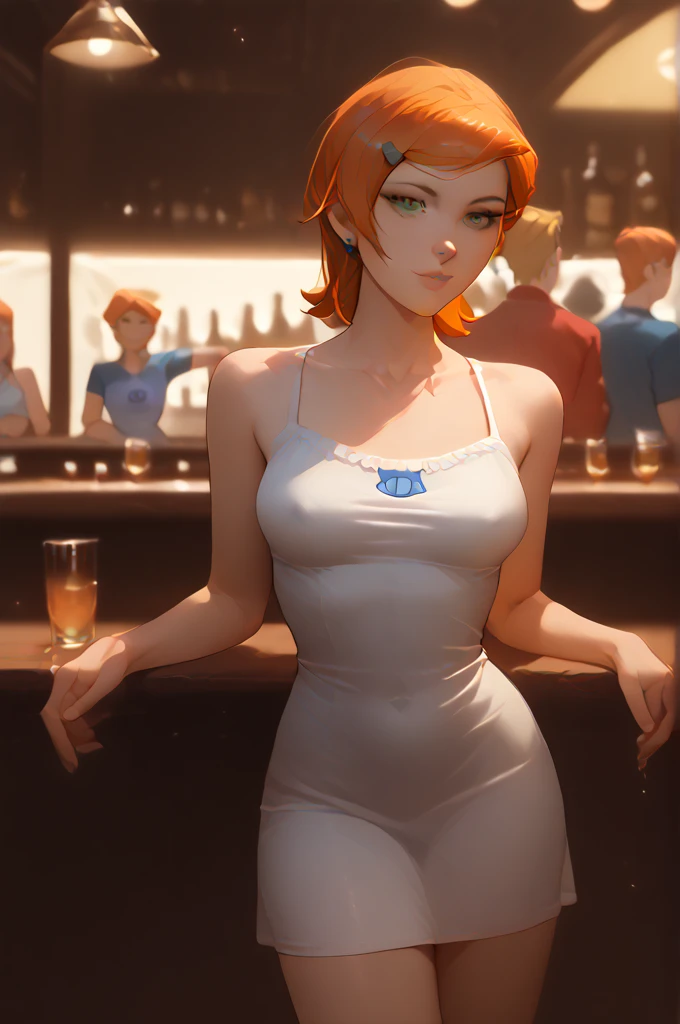 ((((masterpiece, best quality, high resolution)))), Extremely detailed 8K, Beautiful girl with voluptuous body, (Ultra HD, Ultra-detailed, Highly detailed, Highly realistic, Ultra-realistic, photograph realistic), (1girl:1.5), (orange hair), (short wavy hair, earrings), (dynamic poses), facing at camera, looking at viewer, (blushing red, embarrassed, smile), (grey eyes, sharp eyes), (small perky breasts:1.2), (beautiful detailed face, beautiful detailed eyes), ((black Playboy bunny, pantyhose, fake rabbit ears)), (sitting on stool), (arms behind back:1.3), sweat, glow, (night), ((cowboy shot)), jazz bar