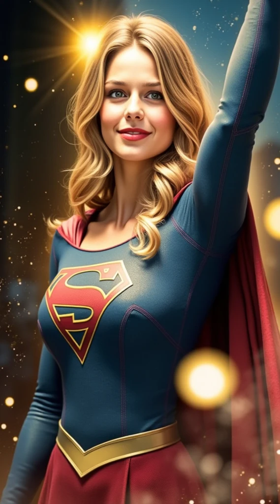 (masterpiece, face, high resolution, realistic photo, photography), beautiful woman, full face photo,  with light eyes , beautiful , beautiful and detailed face,  cute smile , beautiful  , Angelic look, beautiful legs, large detail of her body and face in a sensual and  pose. Great detail of the background and surroundings. Beautiful girl with very , red lips, long loose hair, sensual. A woman with a cosplay inspired by Supergirl, with a tight blue blouse with gold details and the characteristic emblem on the .  his red cape falls on his shoulders , waving slightly. She wears a blue skirt with gold details and a matching belt.  her hair is long  , and with voluminous waves that frame her face. has bright blue eyes, fair skin and a light blush on her cheeks.  Her expression is friendly and trusting, with a subtle smile. The background shows an urban environment illuminated with warm golden light, with small sparkles shining in the air,  creating a magical and heroic atmosphere .