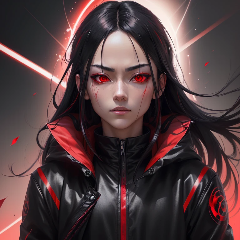 close-up portrait of a person with red eyes and black jacket, Badass Anime 8K, dengan red glowing eyes, Stunning anime face portrait,  realistic anime art style , dengan red glowing eyes,  gaya anime 4 k , Itachi Uchiha, his eyes are red and glowing,   sharp red eyes  , detailed digital anime art, red glowing eyes, detailed anime character art