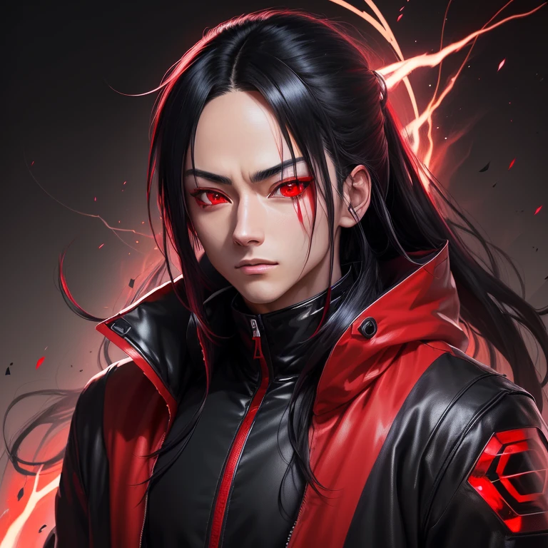 close-up portrait of a person with red eyes and black jacket, Badass Anime 8K, dengan red glowing eyes, Stunning anime face portrait,  realistic anime art style , dengan red glowing eyes,  gaya anime 4 k , Itachi Uchiha, his eyes are red and glowing,   sharp red eyes  , detailed digital anime art, red glowing eyes, detailed anime character art