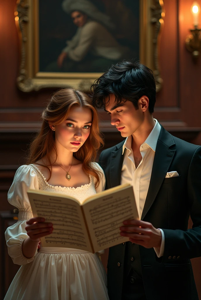 A 24-year-old young pianist with brown hair and green eyes and an elegant man with dark hair and blue eyes holding sheet music.
