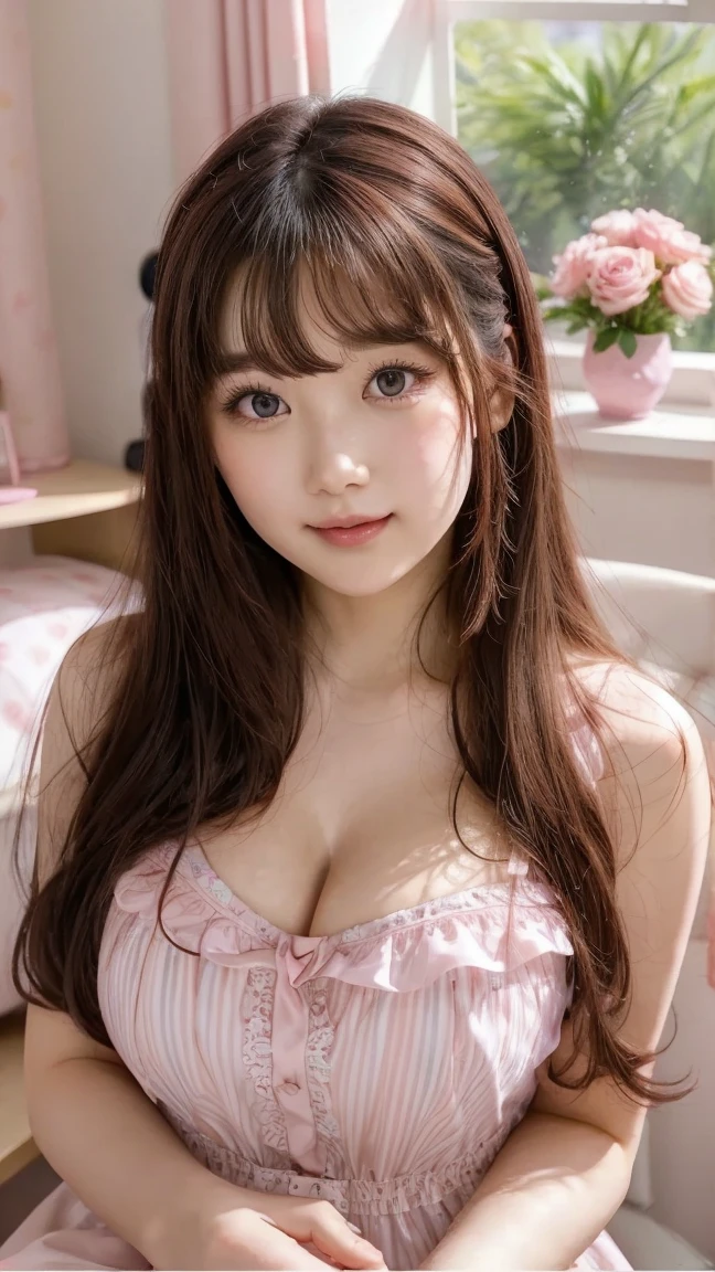 A beautiful woman with white-brown hair, curly at the ends, with two bows on each side of her hair, all her hair white-brown, with a star clip in her hair, light-colored eyes, beautiful, teary eyes, a pretty, upturned nose, teary nose, pink lips, heart and cupid shaped, pale, white skin, with freckles and moles all over her face, soft pink blush on her cheeks, natural pink blush, soft and pink makeup, resembling Yumeko Jabami, while wearing a Crochet YK2, with a YK2-style brown mini skirt, while wearing a jacket with teddy bear prints, with a naked, slim, toned and beautiful abdomen, (big, soft, beautiful breasts), while cosplaying as the character Yumeko Jabami from the anime Kakegurui, looking at the camera, taking a beautiful selfie