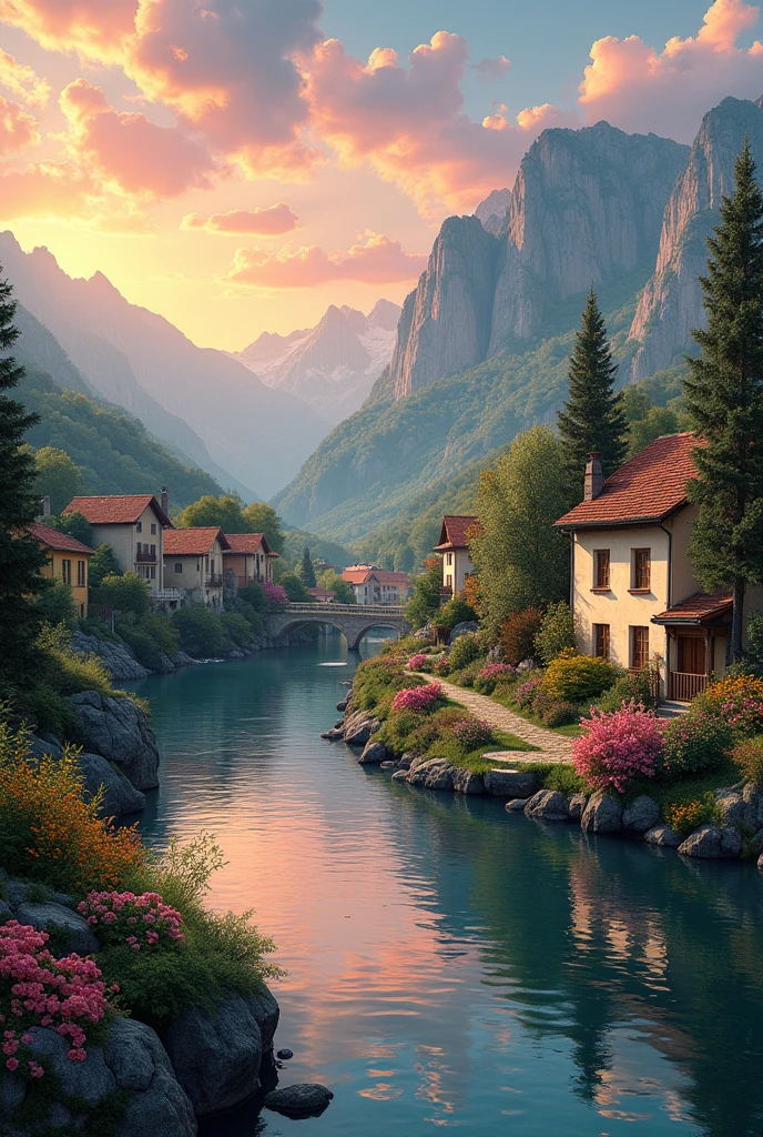 a small village by the river, mountains in the background, floral flowers colorful, detailed landscape, Beautiful natural landscapes, atmospheric lighting, scorching sunset, warm colours, practical, photopractical, Detailed Foliage, complex buildings, cobblestone street, Charming country house, swirly vibrant colors, lush vegetation, Still water reflections, Picturesque, idyllic, work of art, best qualityer, 8k, extremely detaild,anime styling