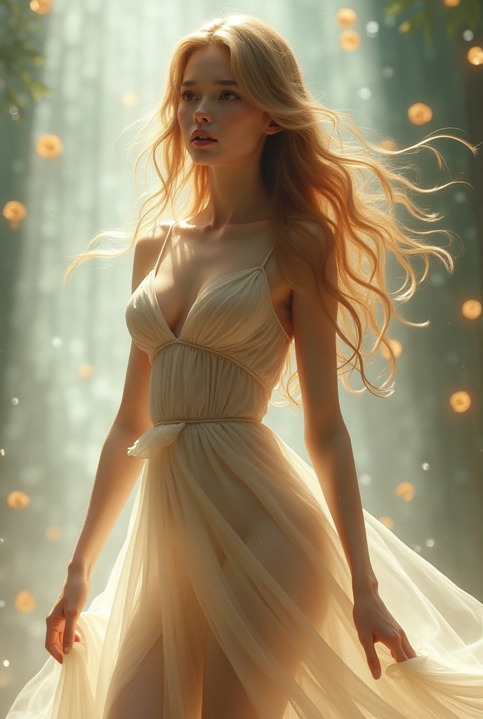 A  girl with blond hair in a transparent dress and full-length large breasts 