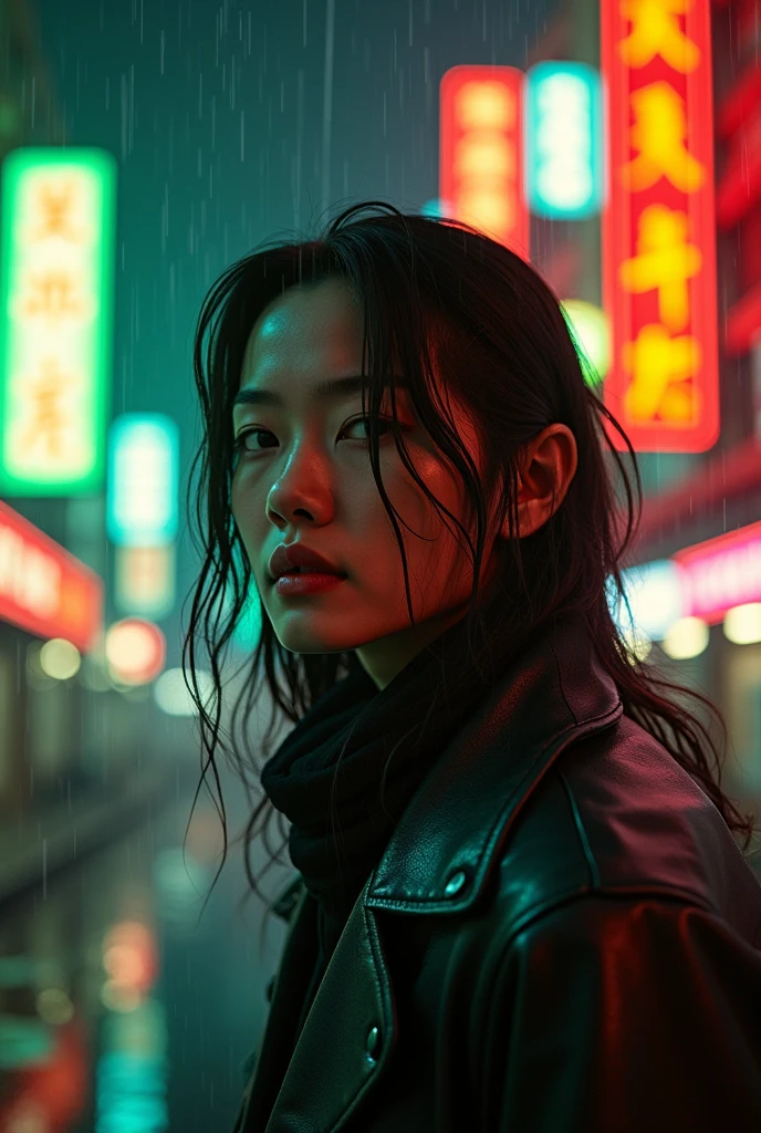 Neon Punk Hong Kong Style × Wong Kar Wai Psychedelic Aesthetic, Melancholy Space Traveler Staring Ahead, Wet Hair Back/Slim Matte Space Leather Jacket/Vintage Metal Breathing Apparatus, Faded Film Texture/Dynamic Dragging/Steam Overflowing from the Neckline, Rainstorm Neon Street Scene× Giant Blood Moon/Broken Holographic Billboard Floating, Cyber Green and Gilded Orange Light Hedging / Face Contour Light/Multiple Reflections of Ambient Light, 30-degree Tilt Overhead Shot/Shallow Depth of Field Enhances Loneliness, Christopher Doyle Photography × Terrier Illustration Style，n30nfilm