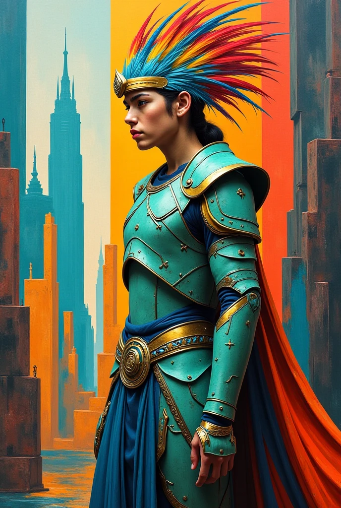Cubist style painting of A Courageous Young Warrior, wearing light jade armor and quetzal feathers, finding themselves in a futuristic era